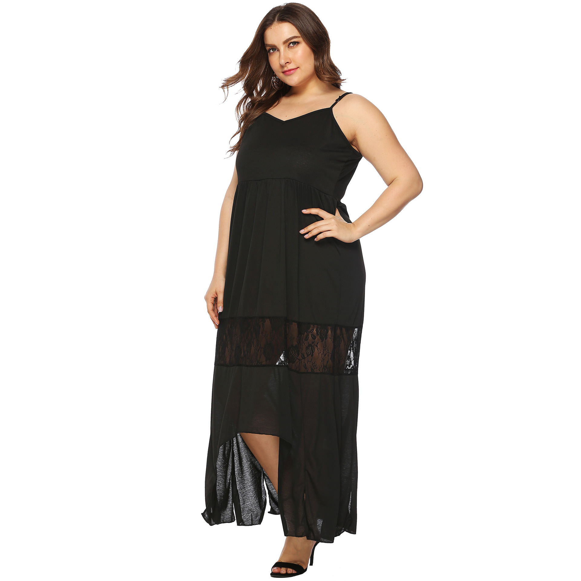 plus size irregular spliced suspender low-cut solid color lace dress NSOY125382