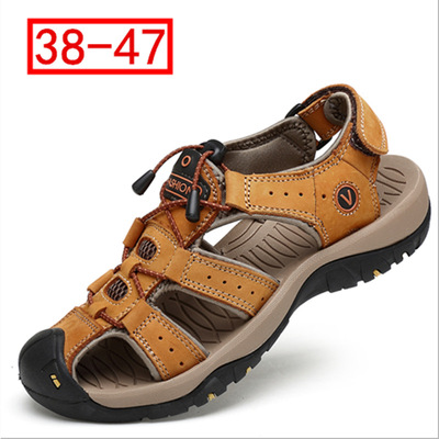 夏季男真皮涼鞋透氣戶外休閑防滑頭層牛皮沙灘鞋男包頭大碼45 46