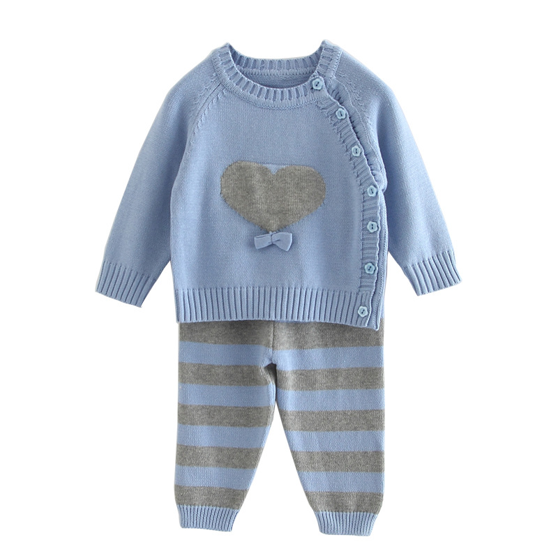 Primavera y otoño bebé suéter ropa infantil de algodón cuello redondo bebé de punto camisa de punto a rayas pantalones de punto traje de dos piezas