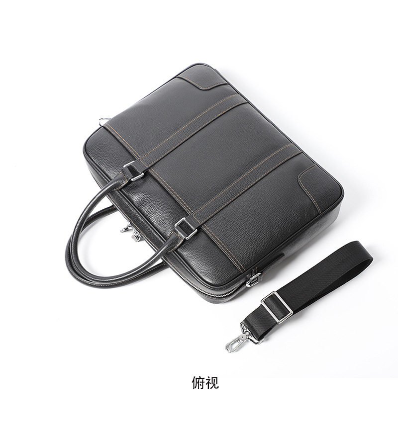 Túi xách công sở nam da bò thật dạng ngang đựng laptop 14 inch 39×28×8 cm — Màu đen dây nâu, Màu đen đường đen chi tiết 19