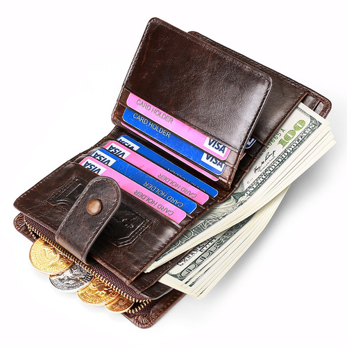 European and American cross-border Crazy Horse leather multifunctional men's wallet Genuine leather RFID buckle casual retro short wallet