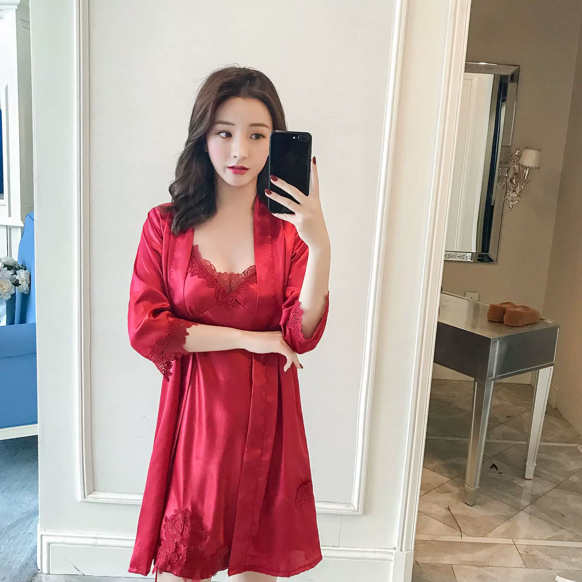 春夏季新款吊带睡裙两件套装女士V领家居服丝绸开叉性感女士睡衣