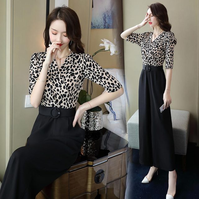 Fashion leopard-print broad-legged pants new summer Chiffon suit 