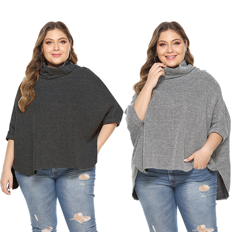 2020新款秋冬跨境外貿歐美大碼女裝 寬松高領蝙蝠袖針織衫女上衣