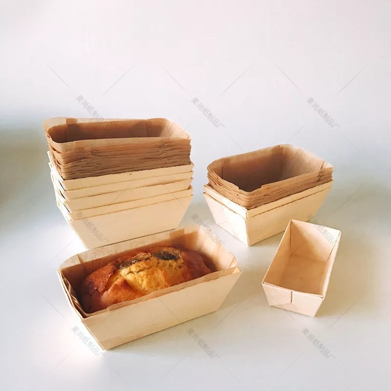Calidad Alimentaria Resistente a altas temperaturas tamaño pequeño rectangular molde de pastel de madera hornear papel taza pastel molde de madera bandeja de madera
