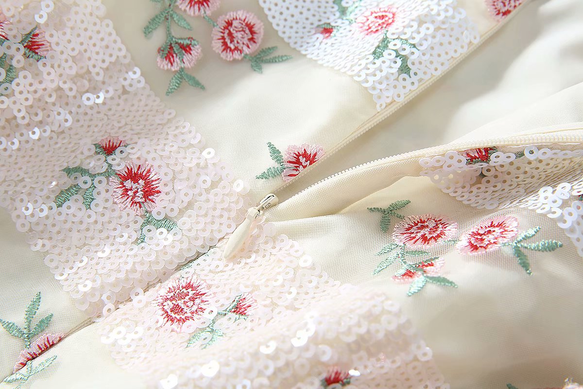 1219-05 珠片绣小花连衣裙码数SMLXL颜色蓝色杏粉色