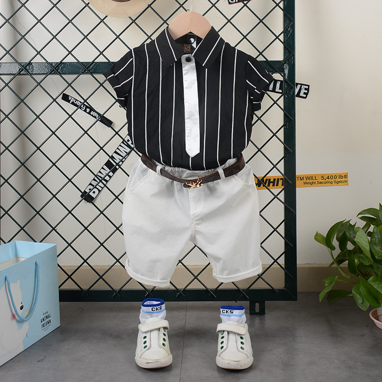 summer Solid Korean Edition Children's clothing Black and white stripe Short sleeved shirt Boy suit 61 children costume Manufactor wholesale