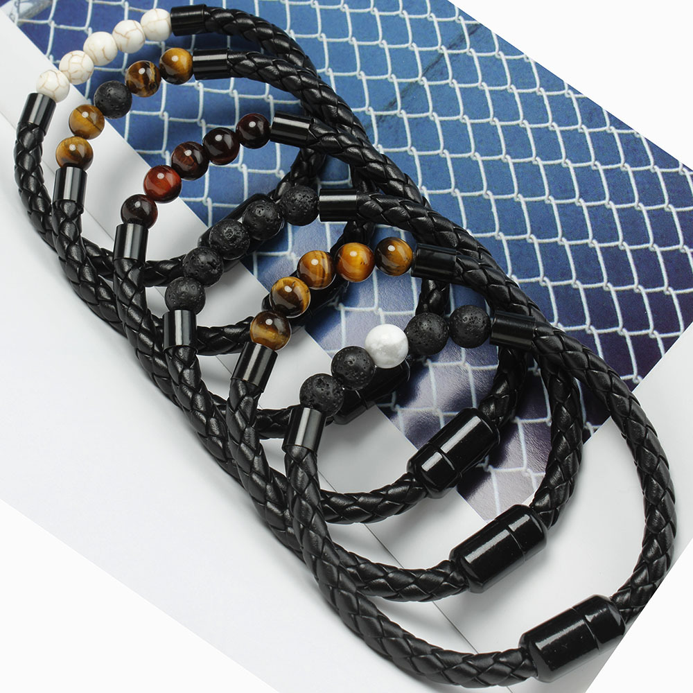 Simple Style Commute Geometric Pu Leather Stone Beaded Braid Unisex Bracelets display picture 1