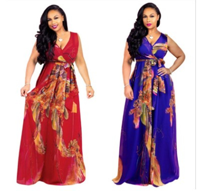 European and American Fashion Women's Deep V-Neck Sleeveless Printed Chiffon Dress