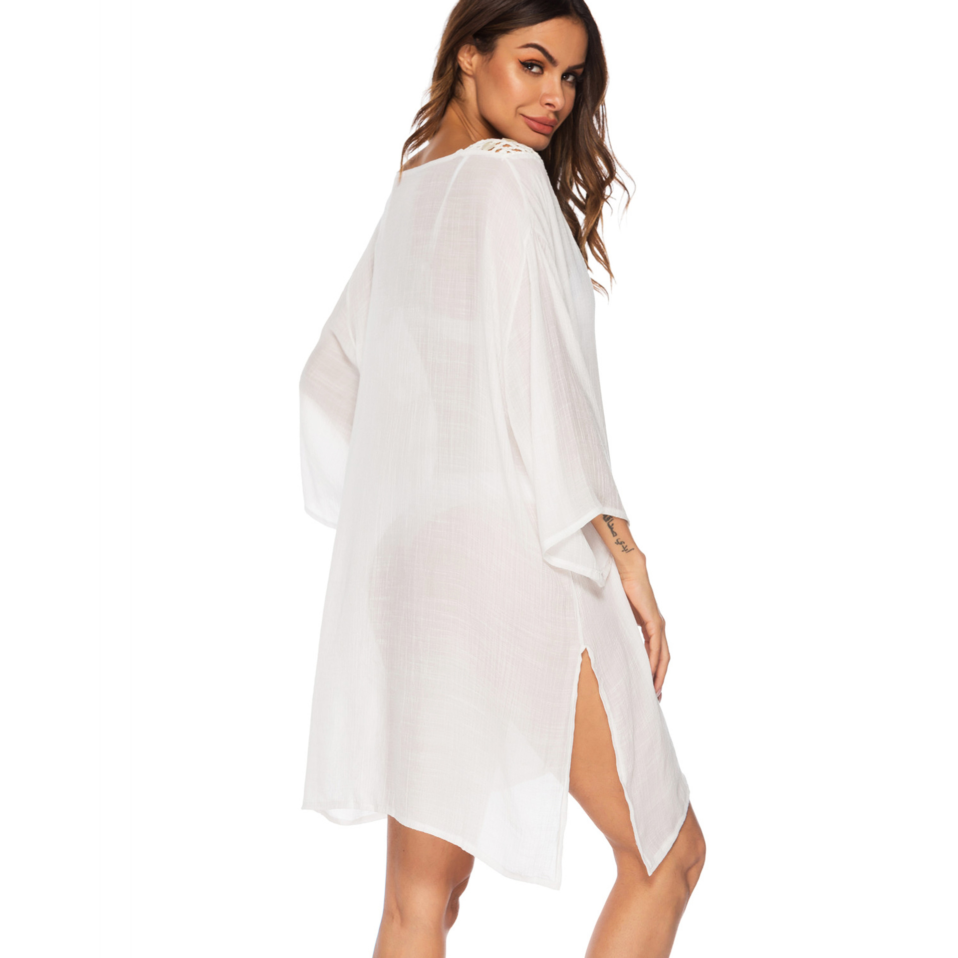 Beach Cover Up Dress Solid Color Deep V Neck Split Hem Three Quarter Sleeve Irregular Hem Summer Fashion