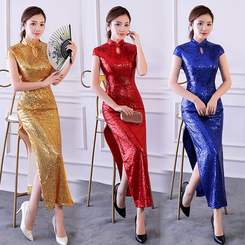 Women stage performance Sequin long qipao dresses stage cheongsam show miss etiquette chinese dresses