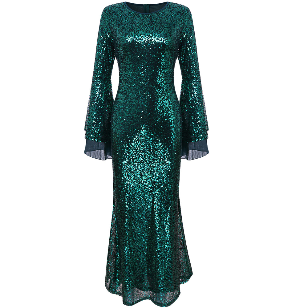 chiffon stitching sequined trumpet sleeve dress  NSSA39961