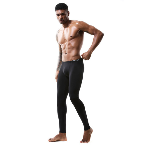 Men's tight elastic ice silk U-convex sexy long leggings men's thin silky translucent trousers home pants