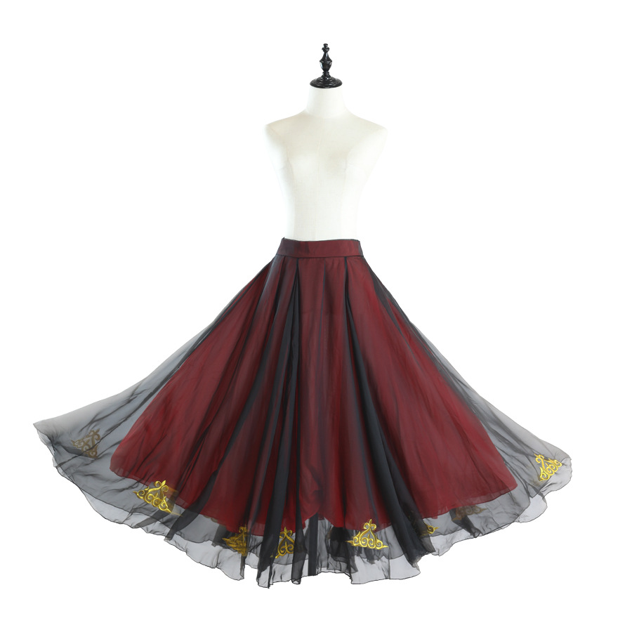 Falda de práctica de baile de Xinjiang, falda grande, falda de examen de arte occidental, Falda de baile de media longitud roja y negra