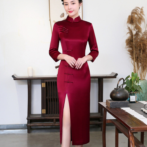 Traditional Chinese Dress Qipao Dresses for Women Wine red cheongsam wedding banquet cheongsam dress