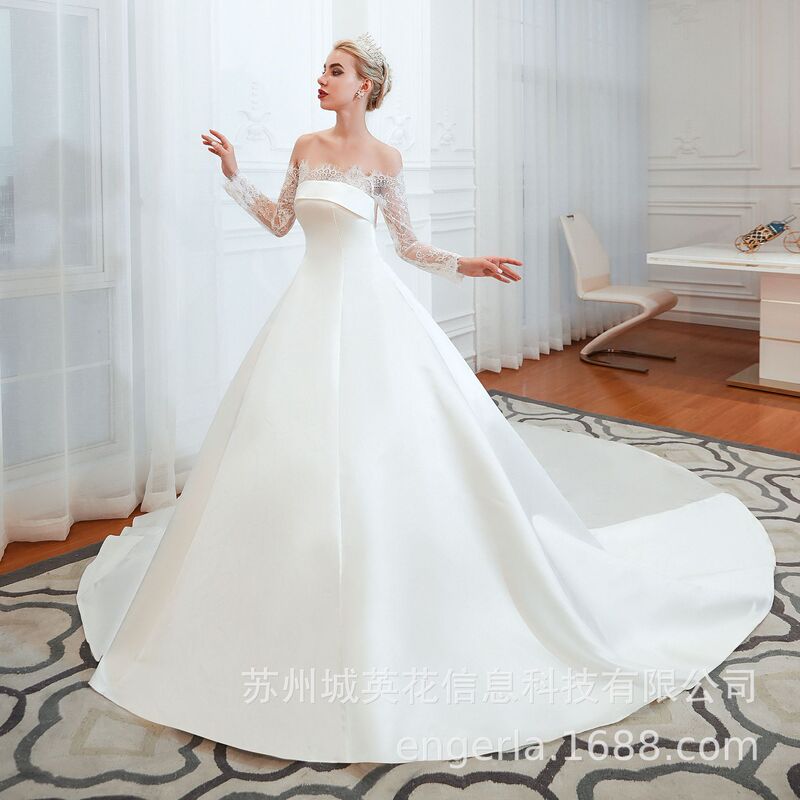 engerla Satin Wedding Dress 2021 New Bride Light Mori Super Fairy Fantasy Simple Internet Celebrant Off-shoulder French Style