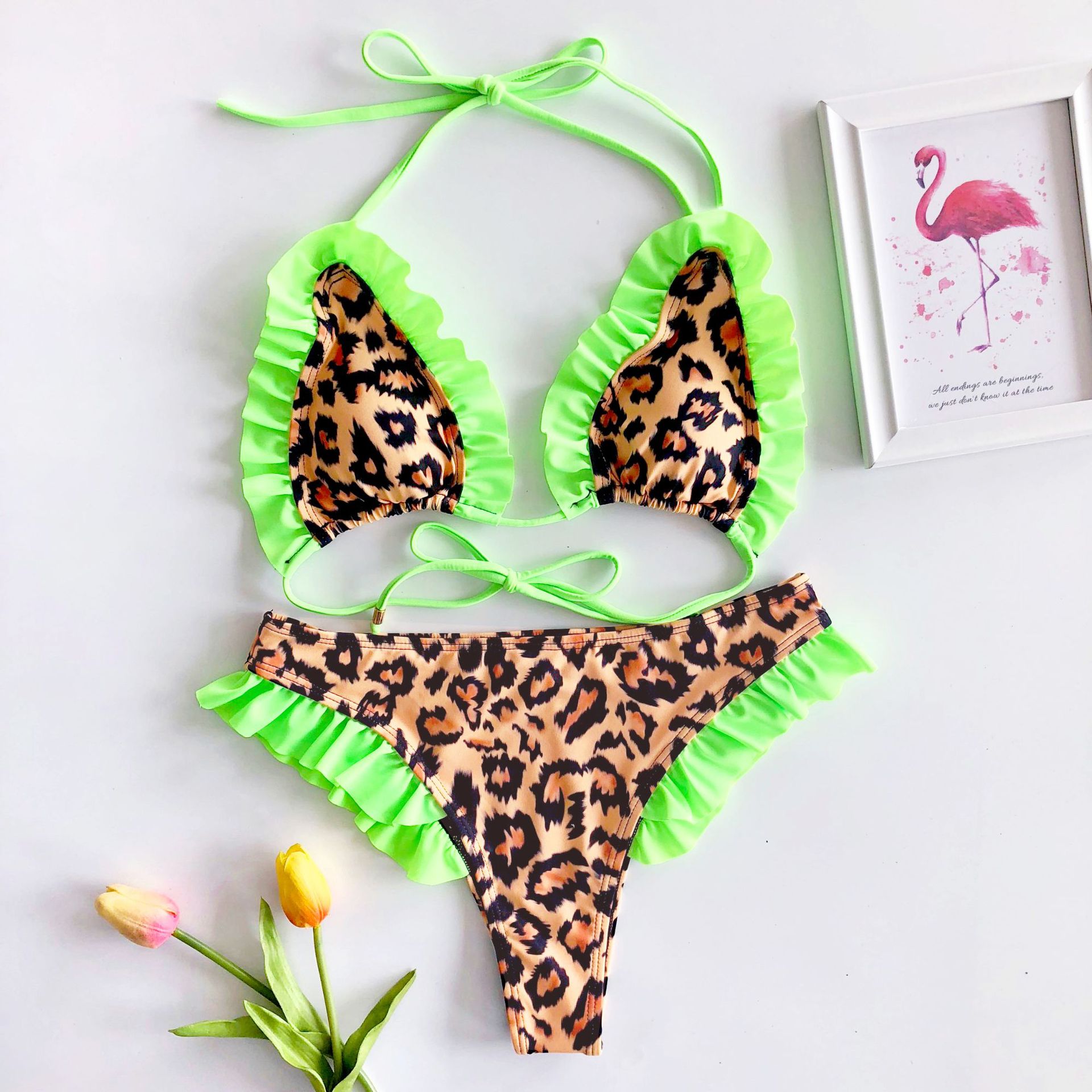 Leopard Print Ruffled Bikini Split 2 Piece Swimsuit NSCMB98254