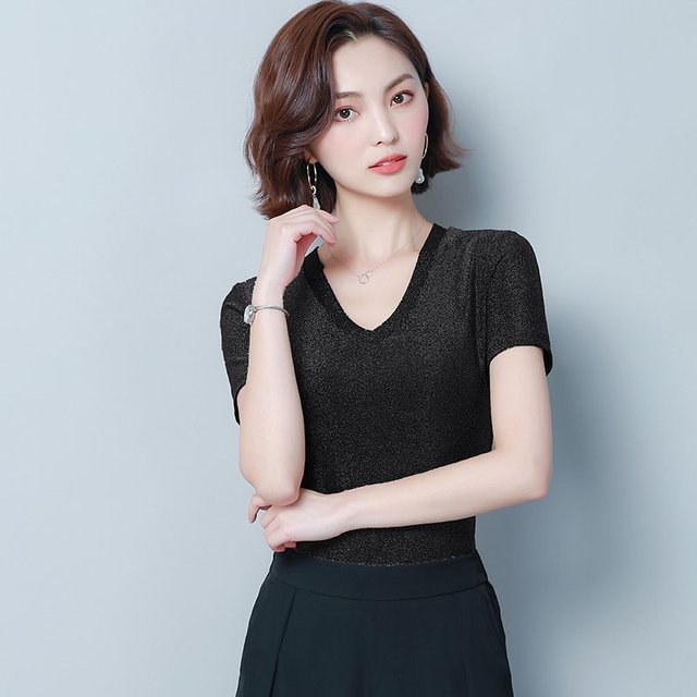 New bright silk V-collar short sleeve T-shirt summer 