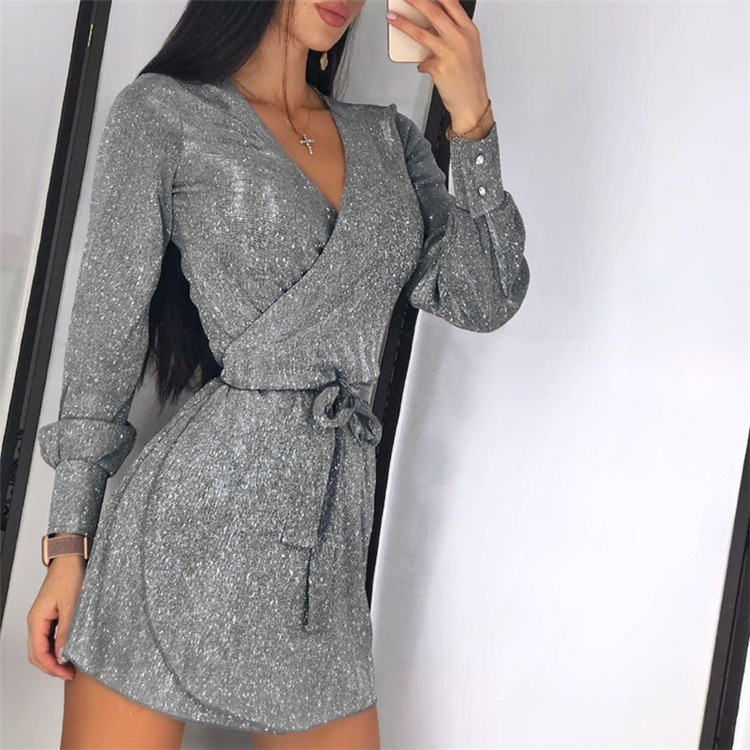 lace-up V-neck sequined silver dot dress Nihaostyles wholesale clothing vendor NSLZ72639