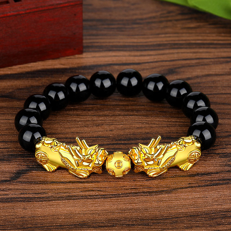 Vietnamese gold plated Pixiu bracelet obsidian Buddhist beads bracelet imitating 999 gold hard gold large Pixiu color preservation_voghion.com
