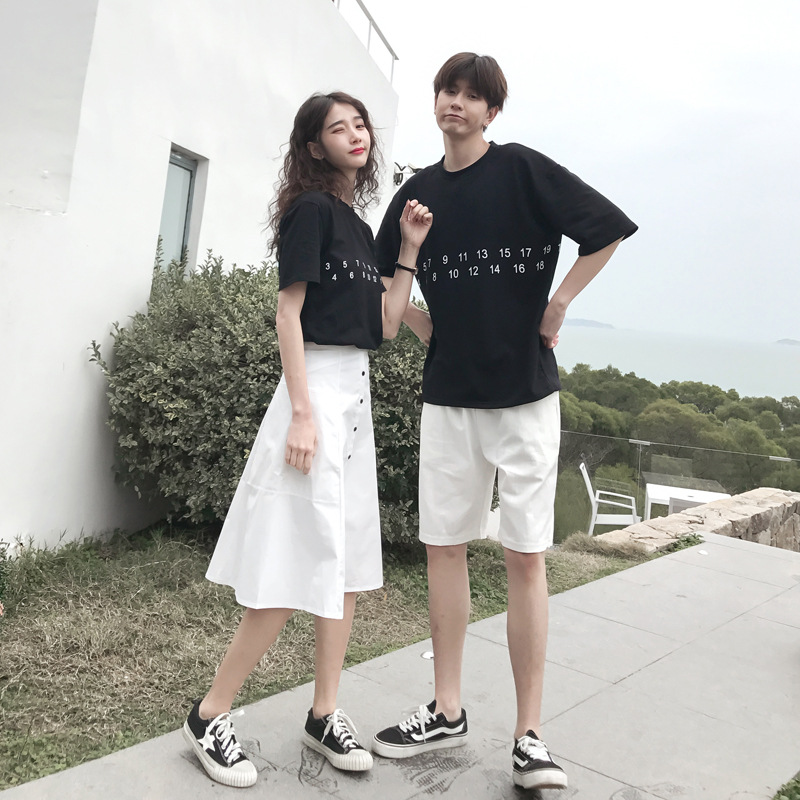 情侶裝套裝2019夏季小清新字母印花t恤男女過膝a字裙洋氣兩件套裙