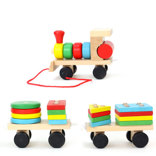 Factory direct sales wooden pull three-section small train disassembly and assembly geometric set column shape matching educational early education toys