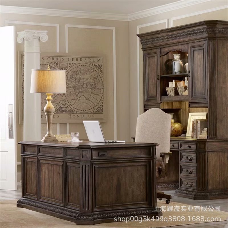 Foreign Trade Solid Wood Office Desk American Vintage Old Carved Computer Desk Study Drawer Writing Desk Desk Study Table