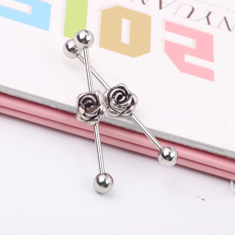 Vintage Flower Long Rod Industrial Ear Studs 316L Surgical Steel Piercing Jewelry Unisex detail image 7