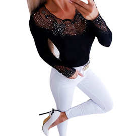 外贸热销 性感特色花边烫珠收腰修身长袖打底衫网纱镂空透视上衣