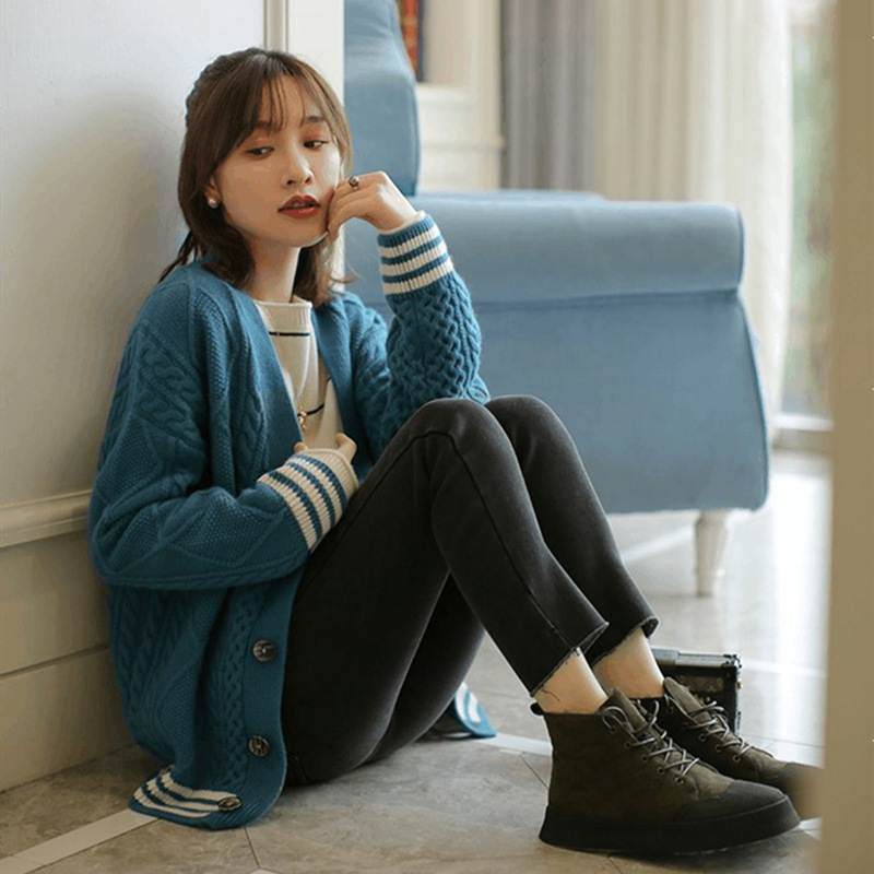 秋冬新款纯山羊绒衫女V领绞花开衫毛衣外套慵懒宽松针织高端百搭|ms