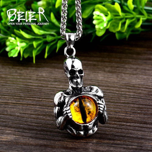 Beier Retro Gothic Jewelry Wholesale Evil Skull Death Eyeball Punk Pendant Personalized Stainless Steel Necklace