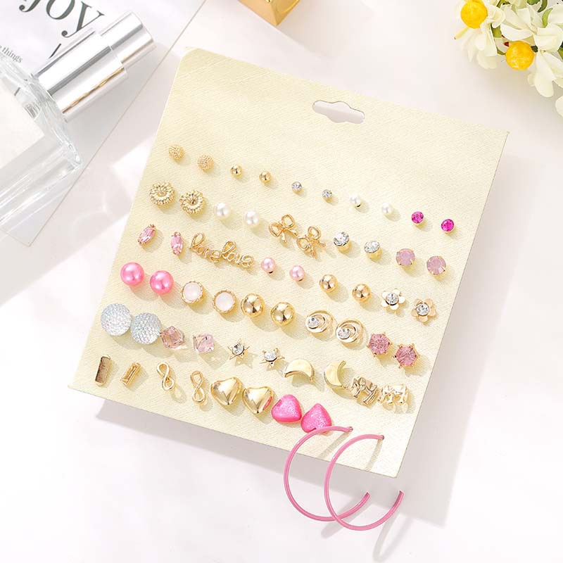 Pink Love Cute 30 Pairs Stud Earring Set Golden Moon Earrings Ornaments display picture 4