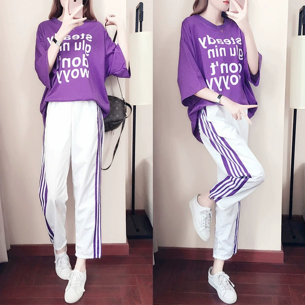 Повседневный спортивный костюм для женщин, лето 2025, новинка, свободный крой, в стиле «господинь» (гламур), в гонконгском стиле, оптовая продажа, модные широкие брюки, комплект из двух предметов