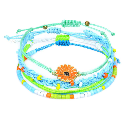 Bohemian waterproof wax line hand woven bracelet with alloy chrysanthemum beaded bracelet sets