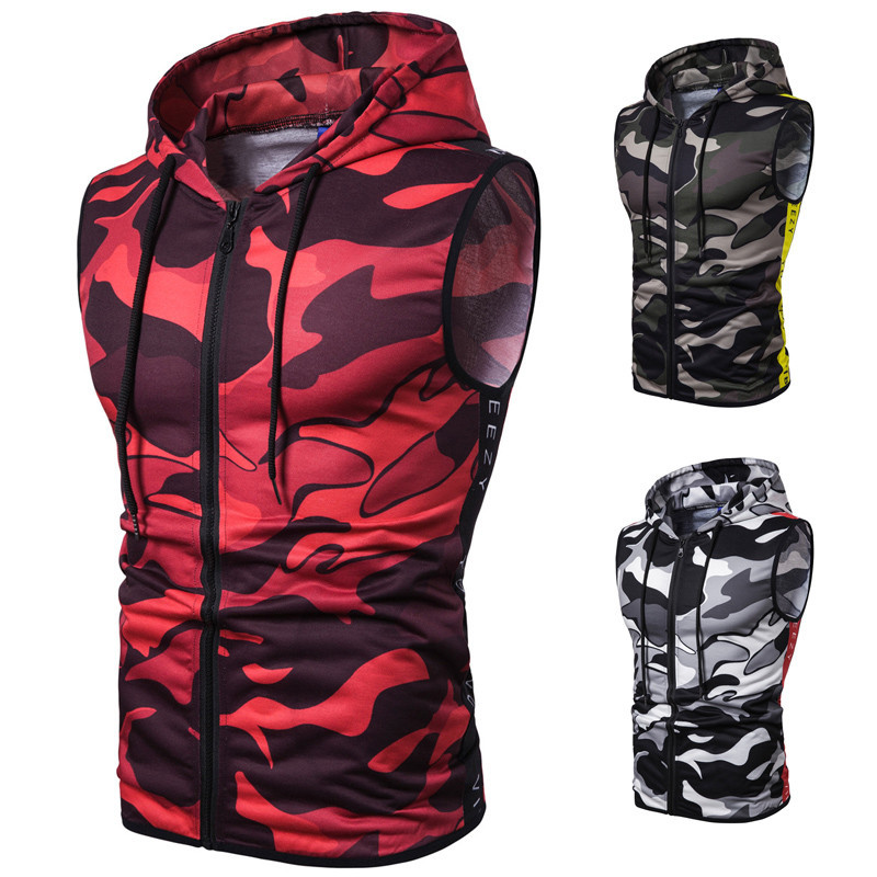 Foreign trade summer new men's slim fit red camouflage zipper hooded sleeveless print European sports vest