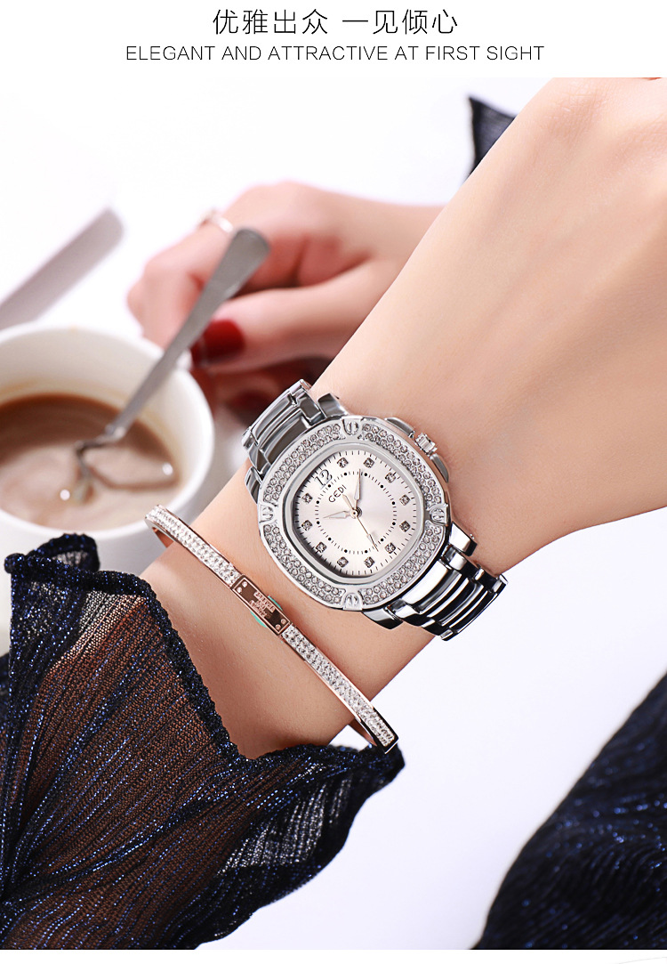 Fashion Diamond Steel Band Waterproof Square Dial Quartz Watchpicture1