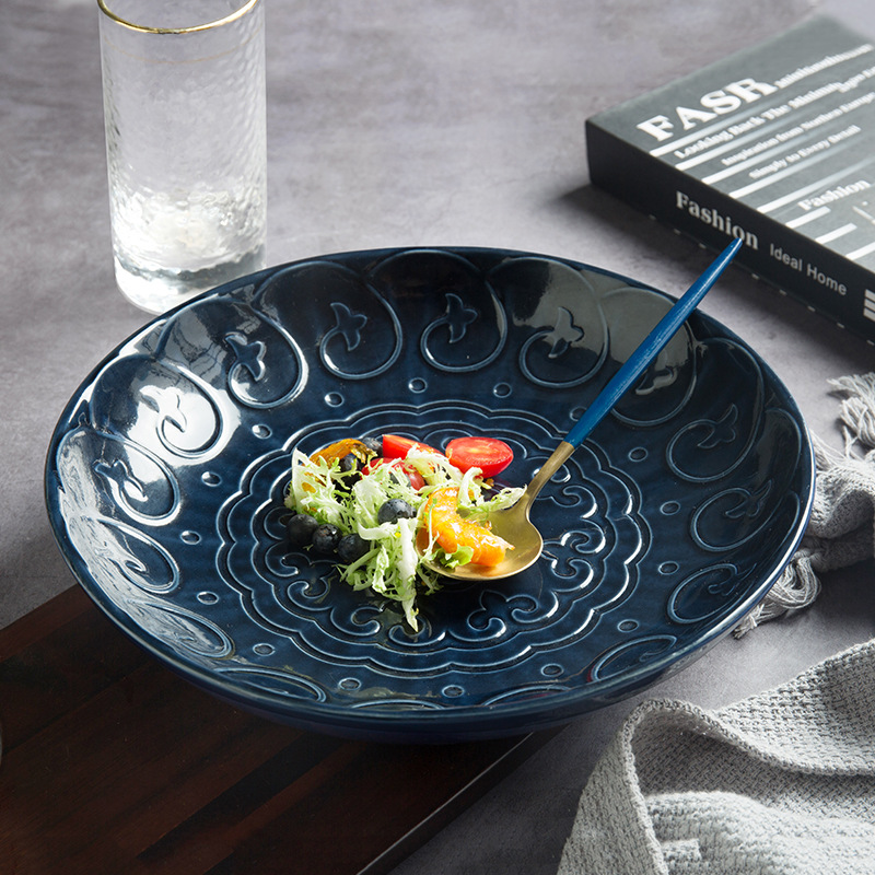 De cerámica Creativa vajilla de cerámica del hogar color vidriado alivio Occidental Placa Plana pasta plato redondo Cuenca la fruta sopa cuenca