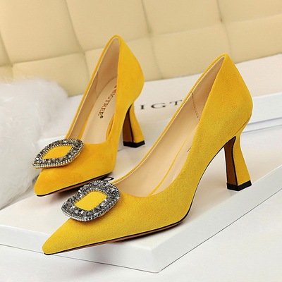 1878-7 European and American fashion sexy banquet high heels show thin high heels suede shallow mouth pointed water drill buckle single shoes