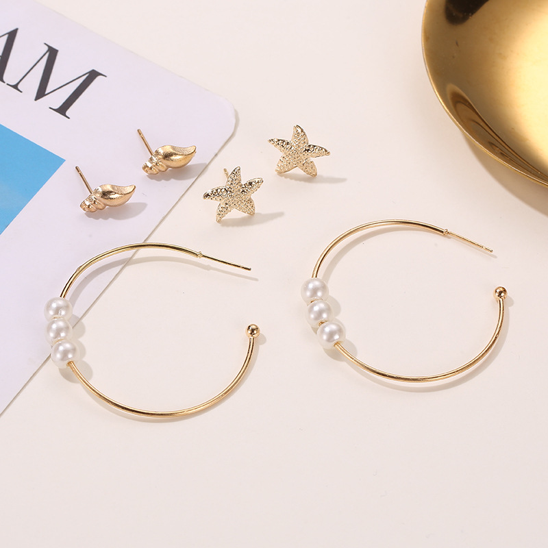 Fashion Ocean Wind Sweet Conch Starfish 3 Pairs Stud Earrings Pearl Earrings display picture 5