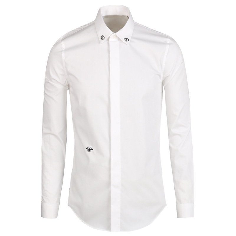 New Bee Embroidered Shirt Collar Metal Decoration Fashion All-match Large Size Black and White Men's Simple Classic Shirt