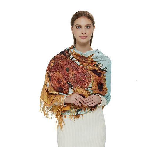 2019 new winter oil painting vase cashmere scarf for women floral tassel warm extended shawl digital