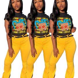 A5051跨境2021独立站ebay爆款欧美女装数码印花卡通字母休闲T恤