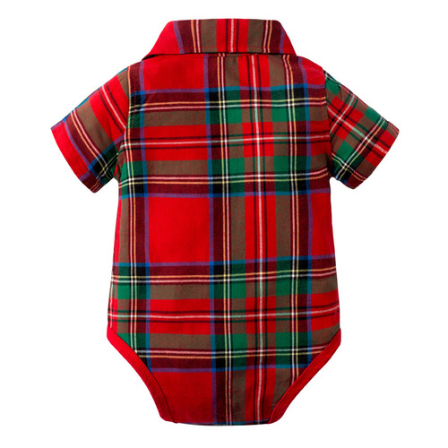 Cross-border European and American summer baby boy gentleman's suit overalls shorts short-sleeved plaid jumpsuit tie four-piece set