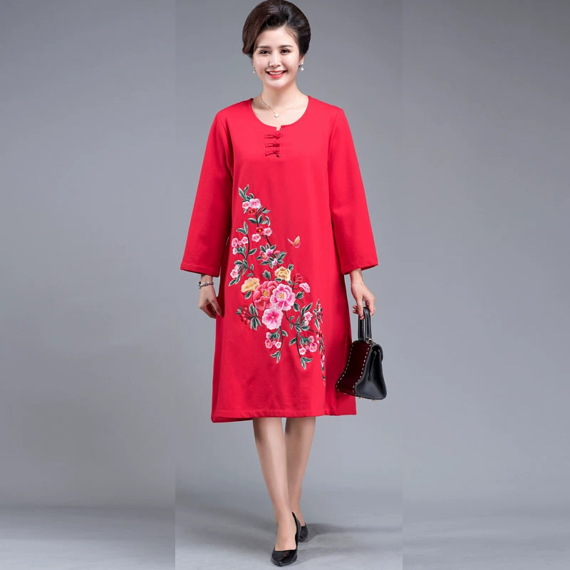 Осень 2020 длинная юбка женская одежда 2019 новая юбка с вышивкой в китайском стиле садовая юбка с пряжкой воротник свободное платье больших размеров