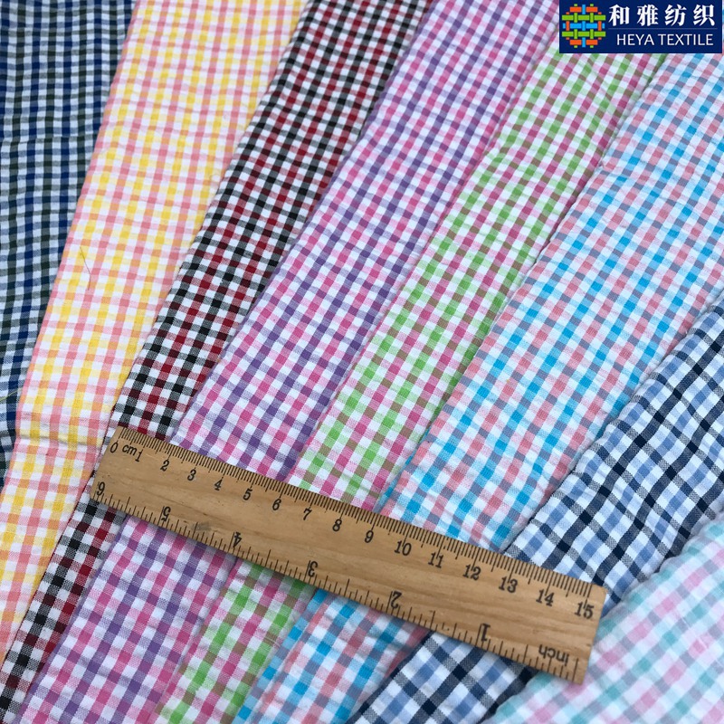 现货泡泡纱涤棉色织多彩三色朝阳格 泡泡格泡泡条衬衫连衣裙面料