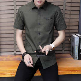 跨境夏季新款男士短袖衬衫韩版修身衬衣时尚青年军旅风男装潮批发