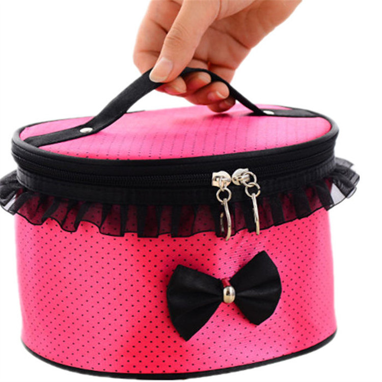 Women's Gender Classic Style Round Dots Bow Knot Polyester Cylindrical Makeup Bags
