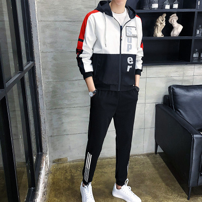 2019 Spring man Korean Edition Color matching Sweater sweatpants  trousers leisure time suit Hooded Athletic Wear Two piece set Youth