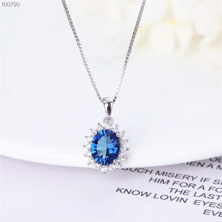 彩寶首飾全球批發壹件代發8x10mm925銀鍍18k金天然托帕石吊墜項鏈