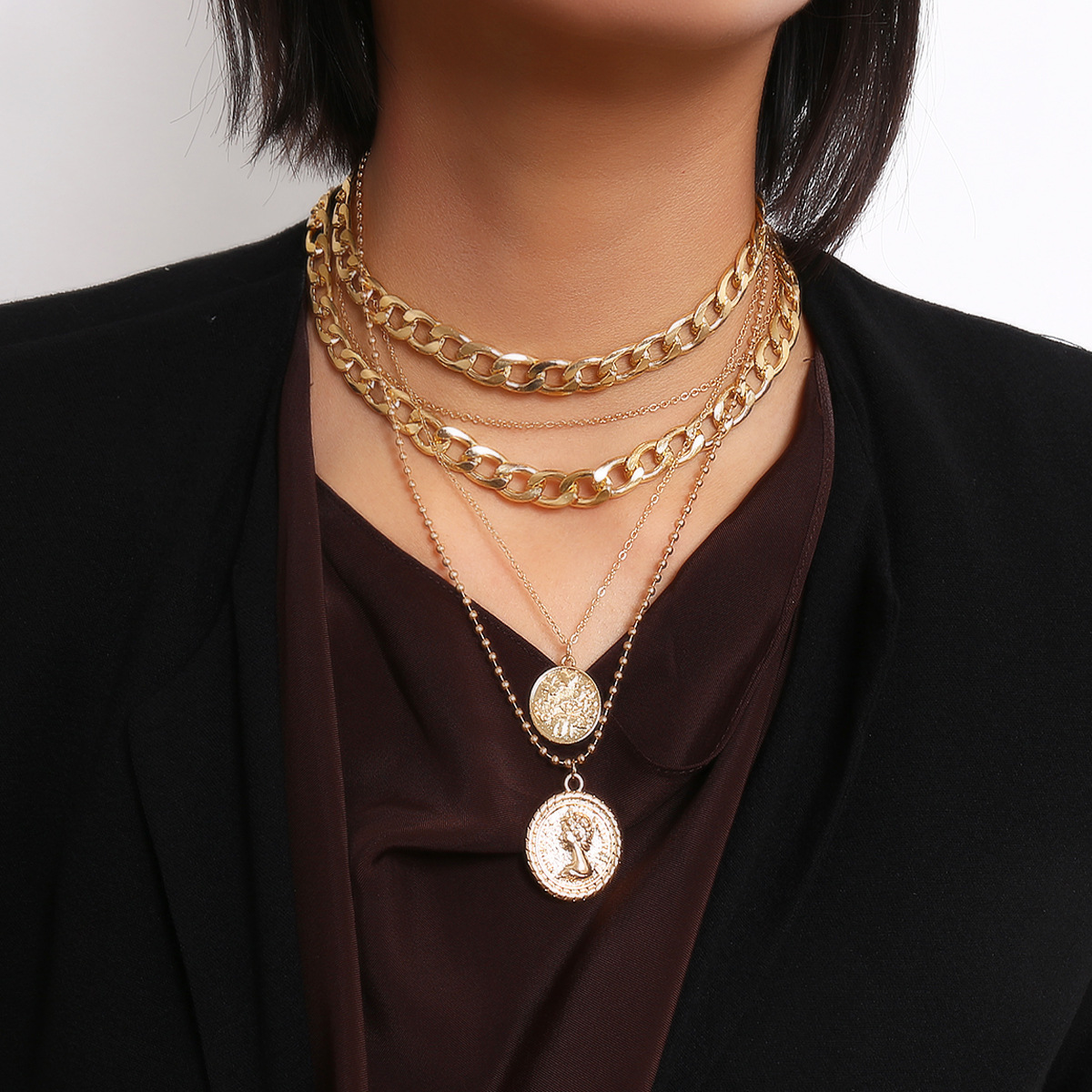 Europe Et En Amérique Croix Frontière Ornement Personnalisé Mix Et Match Géométrique Épais Bretelles Collier De Femmes Rétro Portrait Pièce Multi-couche Gland Collier display picture 13